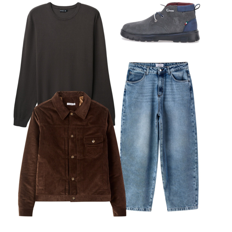 Outfit uomo - Total look. Stile Casual per Tutti i giorni. Abbinamento con maglieria, cappotti, jeans, scarpe stringate.