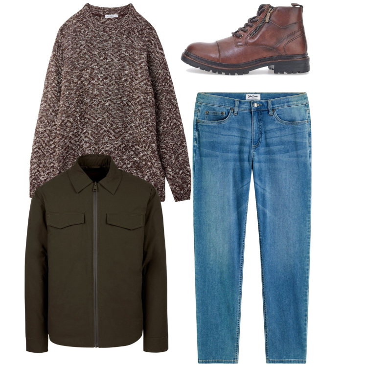 Outfit uomo - Total look. Stile Casual per Tutti i giorni. Abbinamento con jeans, maglieria, stivali e stivaletti, piumini.