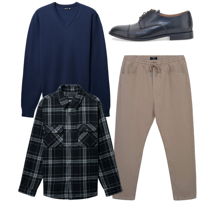 Outfit uomo - Total look. Stile Casual per Tutti i giorni. Abbinamento con pantaloni, maglieria, cappotti, scarpe stringate.