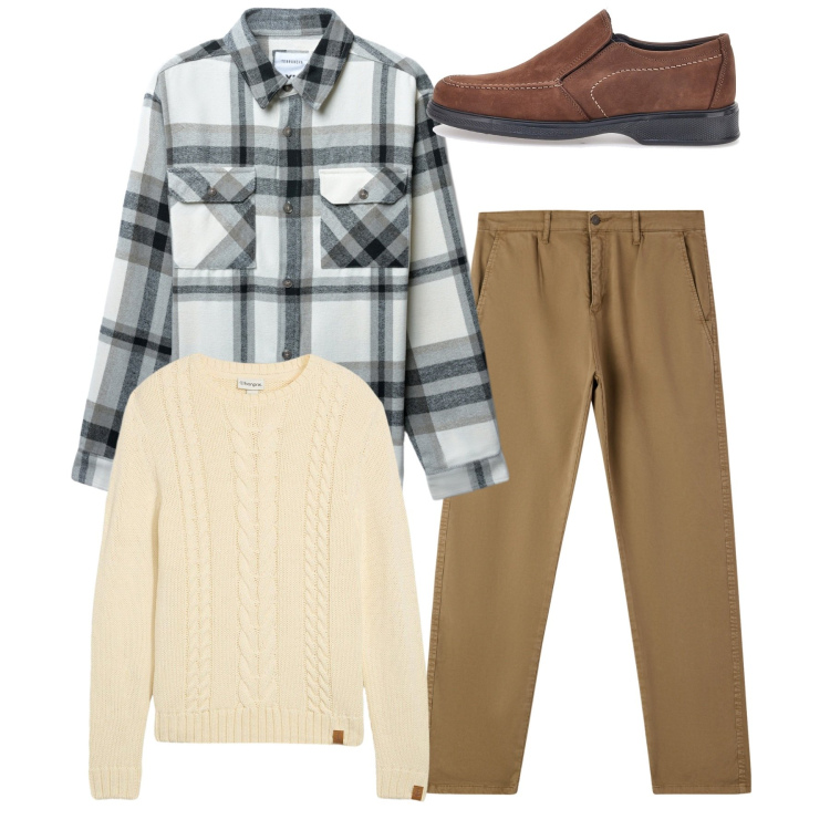 Outfit uomo - Total look. Stile Casual per Tutti i giorni. Abbinamento con maglieria, cappotti, pantaloni chino, scarpe stringate.