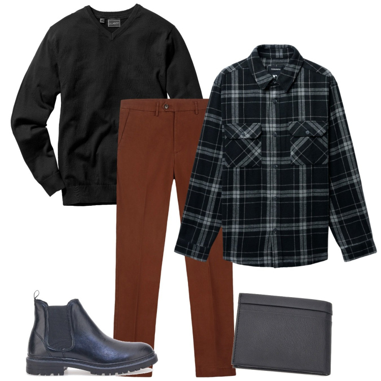 Outfit uomo - I quadri nel week end. Stile Casual per Tutti i giorni. Abbinamento con maglieria, cappotti, stivali e stivaletti, portafogli, pantaloni chino.
