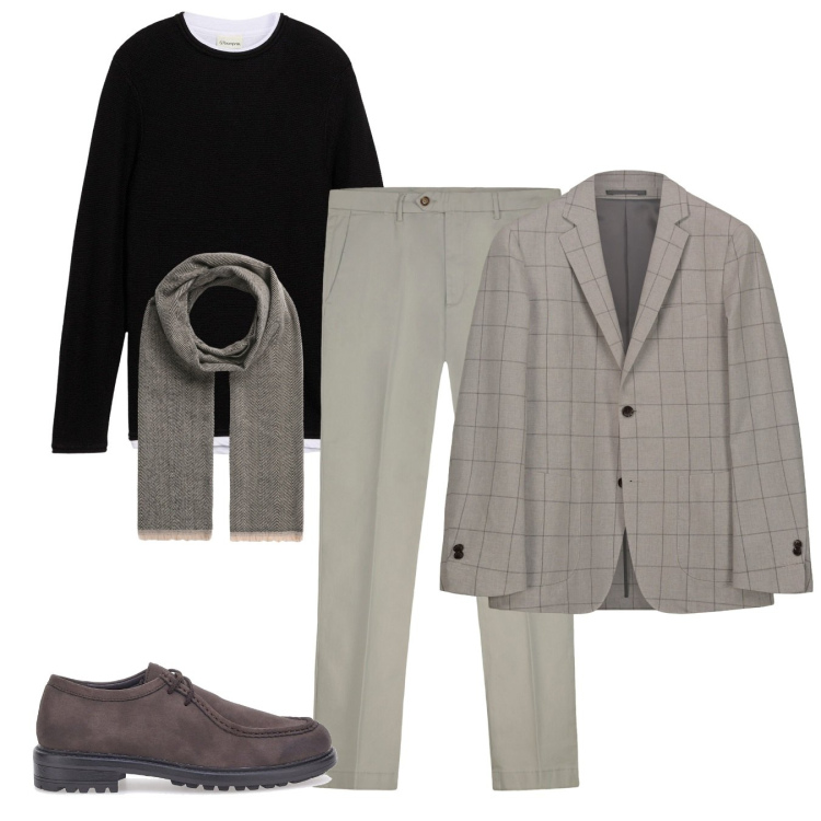 Outfit uomo - Elegantone. Stile Casual per Tutti i giorni. Abbinamento con maglieria, sciarpe, scarpe stringate, giacche, pantaloni chino.
