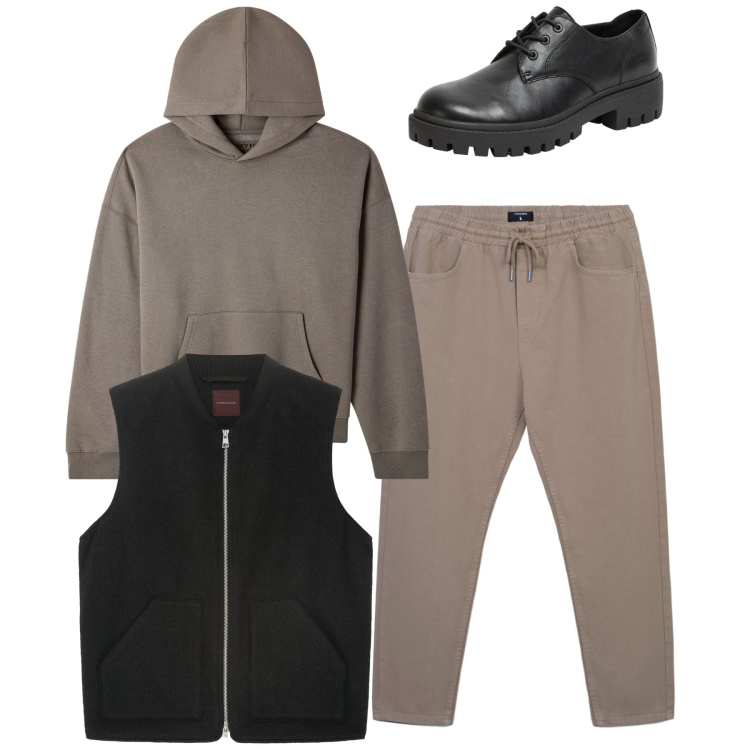Outfit uomo - Total look. Stile Casual per Tutti i giorni. Abbinamento con pantaloni, scarpe stringate, felpe con cappuccio, piumini.