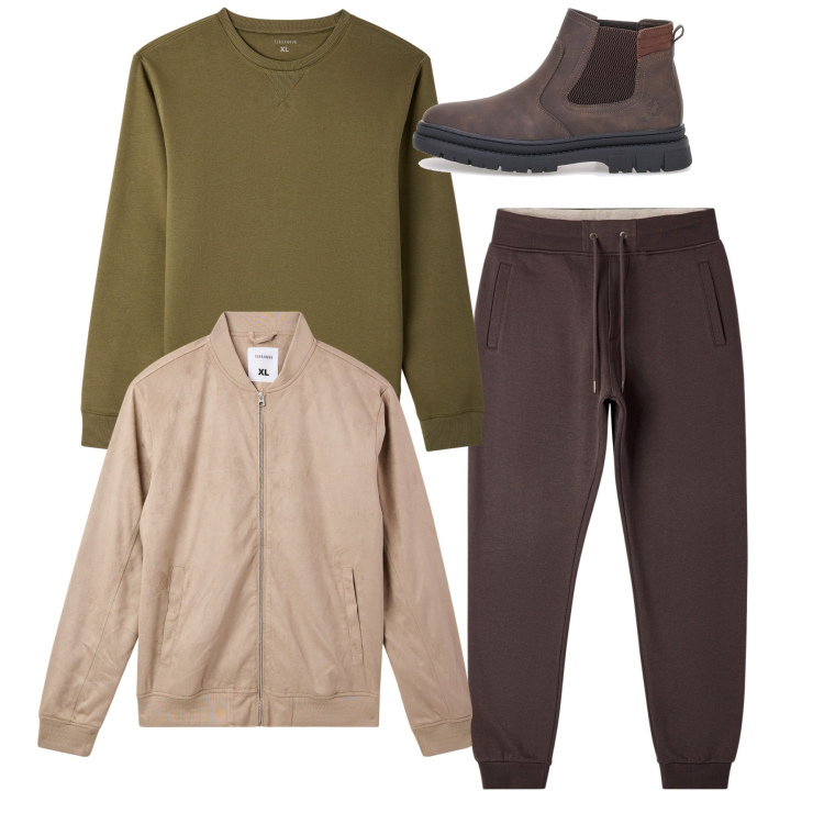 Outfit uomo - Total look. Stile Casual per Tutti i giorni. Abbinamento con bomber, felpe, pantaloni, stivali e stivaletti.