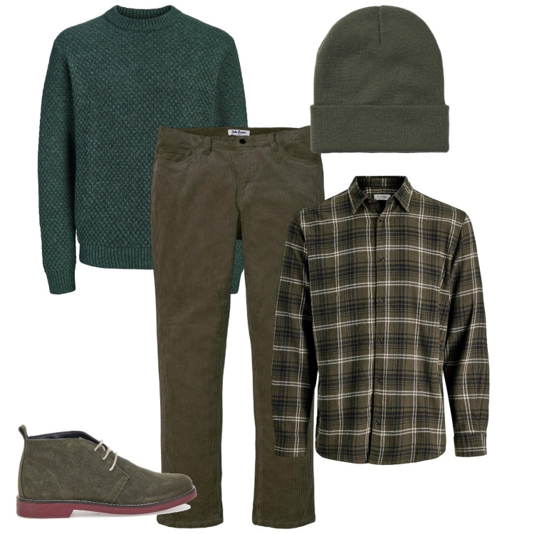 Outfit uomo - Toni del verde. Stile Casual per Tutti i giorni. Abbinamento con pantaloni, camicie, maglieria, berretti, stivali e stivaletti.