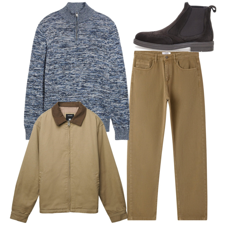 Outfit uomo - Melange blu. Stile Casual per Tutti i giorni. Abbinamento con maglieria, jeans dritti, cappotti, stivali e stivaletti.