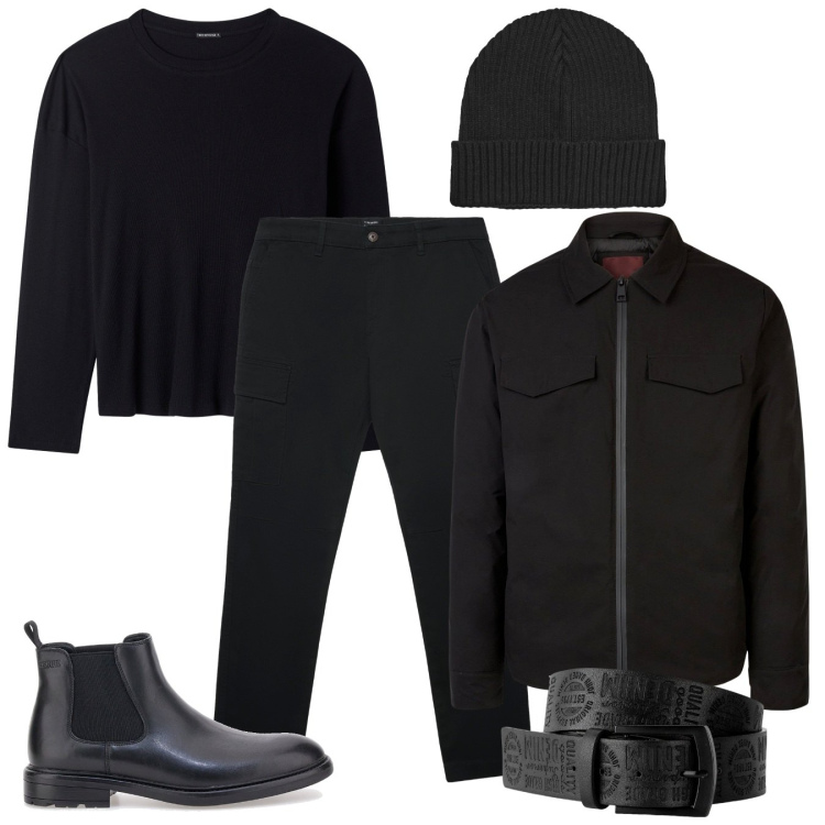 Outfit uomo - Nero protagonista. Stile Urban per Serata speciale. Abbinamento con cinture, berretti, pantaloni cargo, maglieria, stivali e stivaletti, piumini.