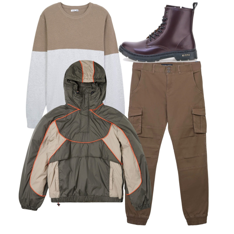 Outfit uomo - Tecnico per il weekend. Stile Casual per Tutti i giorni. Abbinamento con giacche, pantaloni cargo, maglieria, anfibi.