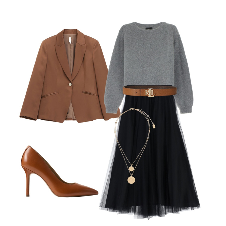 Outfit donna - Blazer maschile, outfit chic. Stile Casual chic per Ufficio. Abbinamento con gonne lunghe, blazer, décolleté, ciondoli, cinture, pullovers.