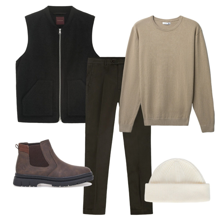 Outfit uomo - La zip sul pull. Stile Casual per Tutti i giorni. Abbinamento con maglieria, berretti, stivali e stivaletti, pantaloni chino, piumini.