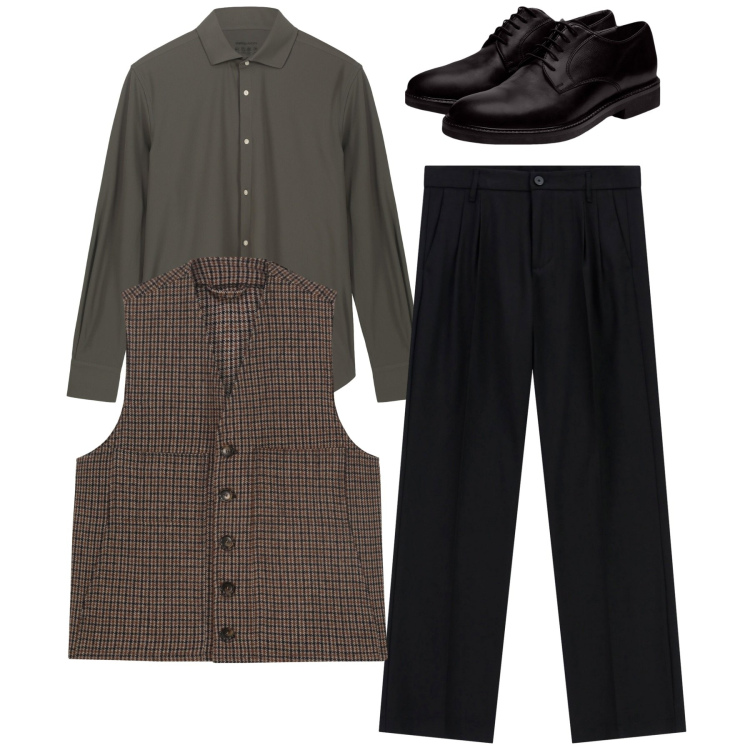 Outfit uomo - Total look night. Stile Trendy per Serata speciale. Abbinamento con pantaloni, scarpe stringate, gilet, camicie.