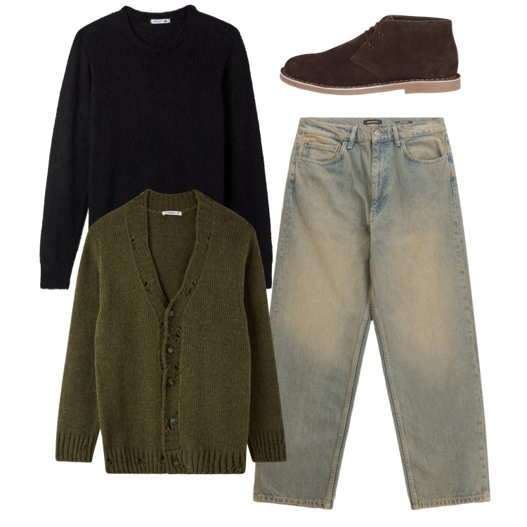 Outfit uomo - Sableè. Stile Casual per Tutti i giorni. Abbinamento con cardigans, maglieria, jeans, stivali e stivaletti.