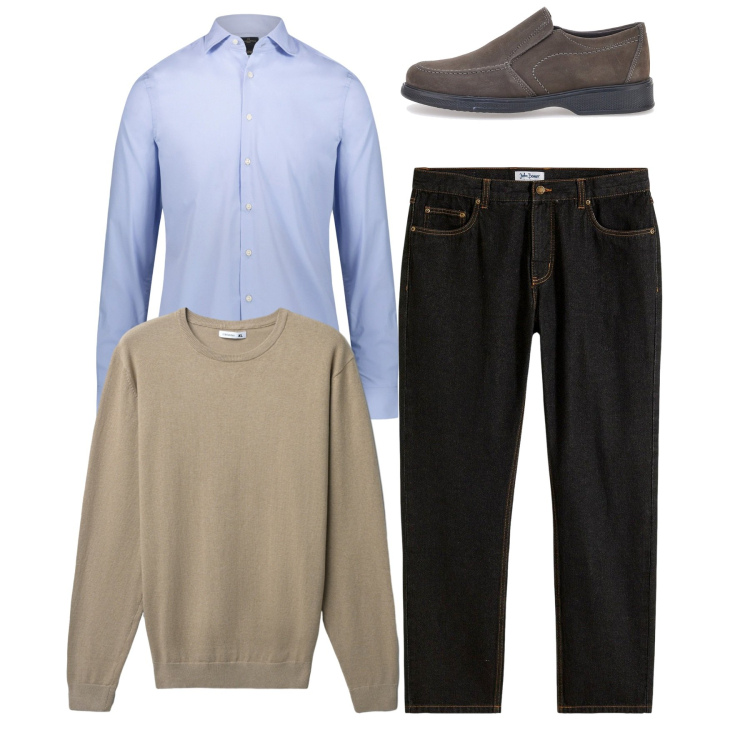 Outfit uomo - Total look. Stile Casual per Tutti i giorni. Abbinamento con jeans dritti, maglieria, camicie, scarpe stringate.
