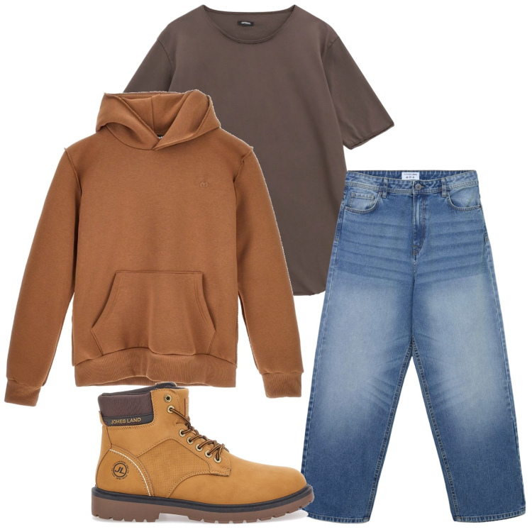 Outfit uomo - Total look #2282664. Stile Trendy per Tutti i giorni. Abbinamento con jeans, t-shirt, stivali e stivaletti, felpe con cappuccio.