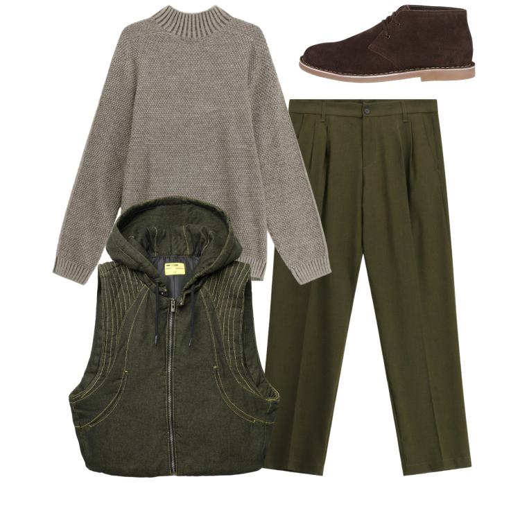 Outfit uomo - I colori di novembre. Stile Casual per Serata speciale. Abbinamento con gilet, maglieria, pantaloni, stivali e stivaletti.