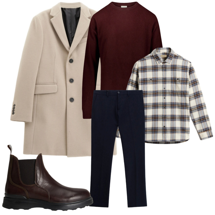 Outfit uomo - Total look #2282673. Stile Trendy per Serata speciale. Abbinamento con cappotti, pantaloni, camicie, stivali e stivaletti, maglieria.