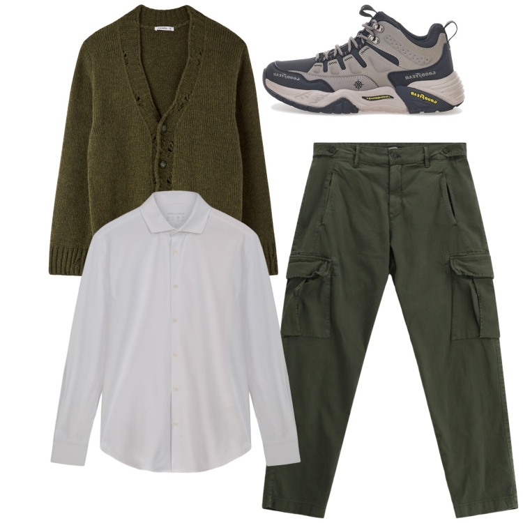 Outfit uomo - Total look. Stile Casual per Tutti i giorni. Abbinamento con cardigans, pantaloni cargo, camicie, sneakers.