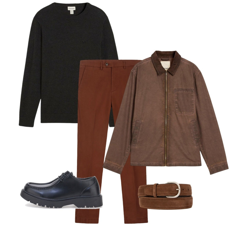 Outfit uomo - Sobrio ed elegante. Stile Casual per Tutti i giorni. Abbinamento con giacche, maglieria, cinture, pantaloni chino, scarpe stringate.