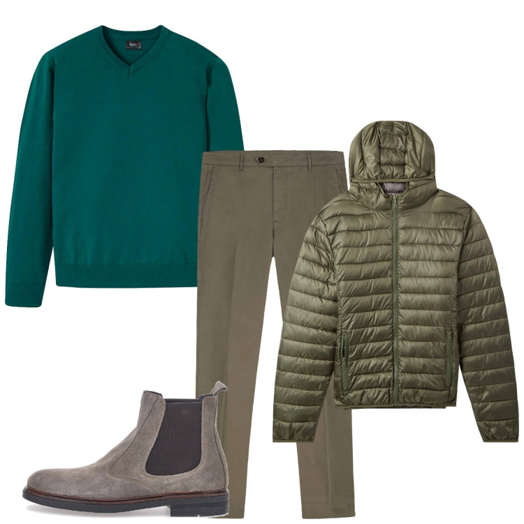 Outfit uomo - Rilassante verde. Stile Casual per Tutti i giorni. Abbinamento con maglieria, piumini, pantaloni chino, stivali e stivaletti.