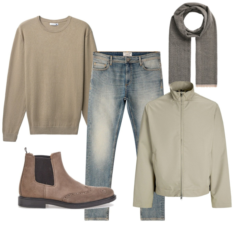 Outfit uomo - Il delavèe col beige. Stile Casual per Tutti i giorni. Abbinamento con giacche, jeans skinny, sciarpe, maglieria, stivali e stivaletti.