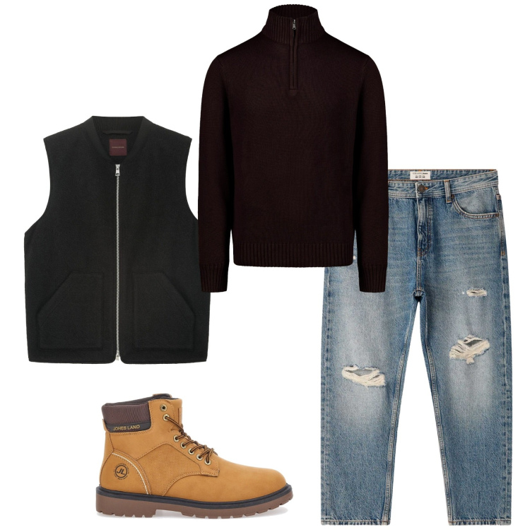 Outfit uomo - Total look #2282692. Stile Casual per Tutti i giorni. Abbinamento con jeans strappati, stivali e stivaletti, piumini, maglieria.