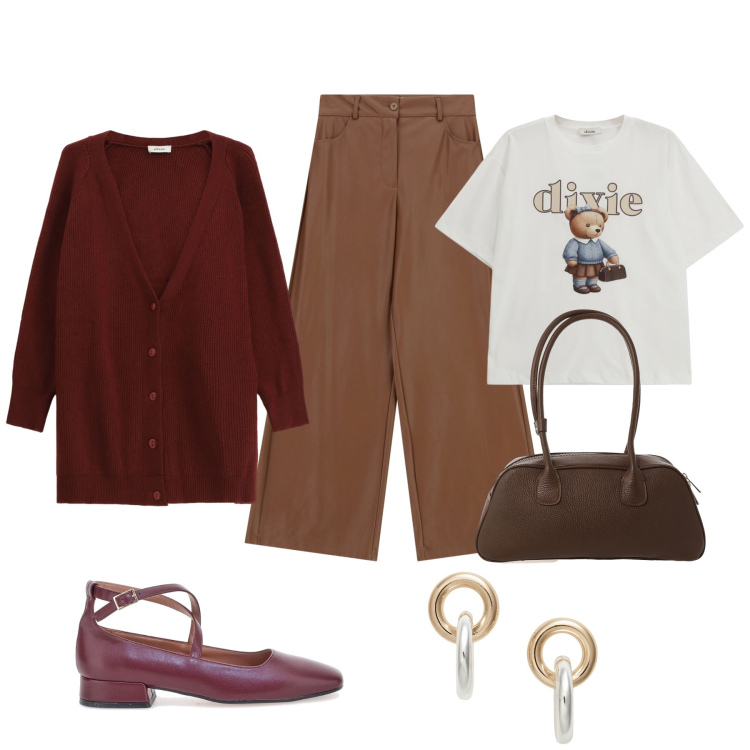 Outfit donna - Autunno. Stile Sporty chic per Tutti i giorni. Abbinamento con cardigans, borse a mano, t-shirt, pantaloni a palazzo, orecchini, ballerine.