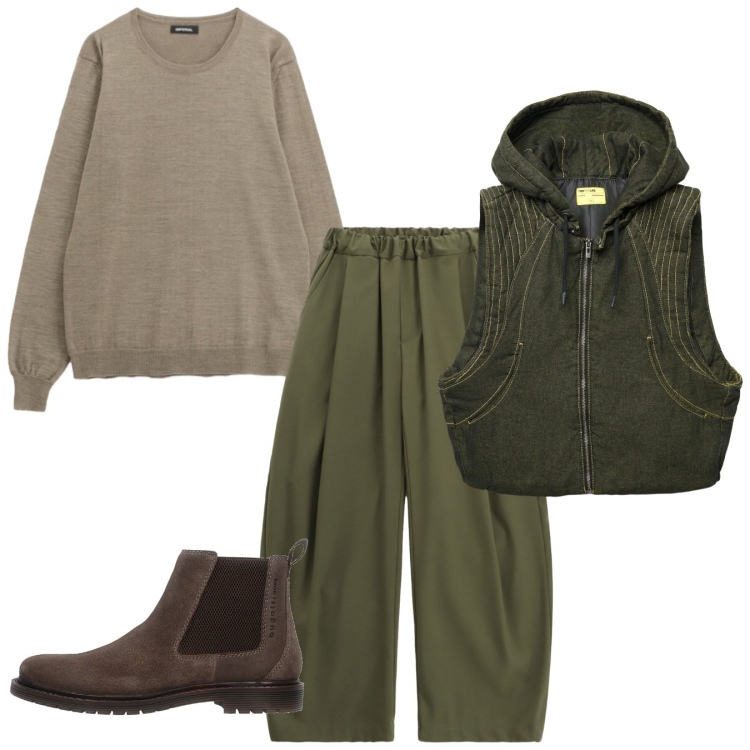 Outfit uomo - Linee comfy. Stile Trendy per Tutti i giorni. Abbinamento con gilet, pantaloni, maglieria, stivali e stivaletti.