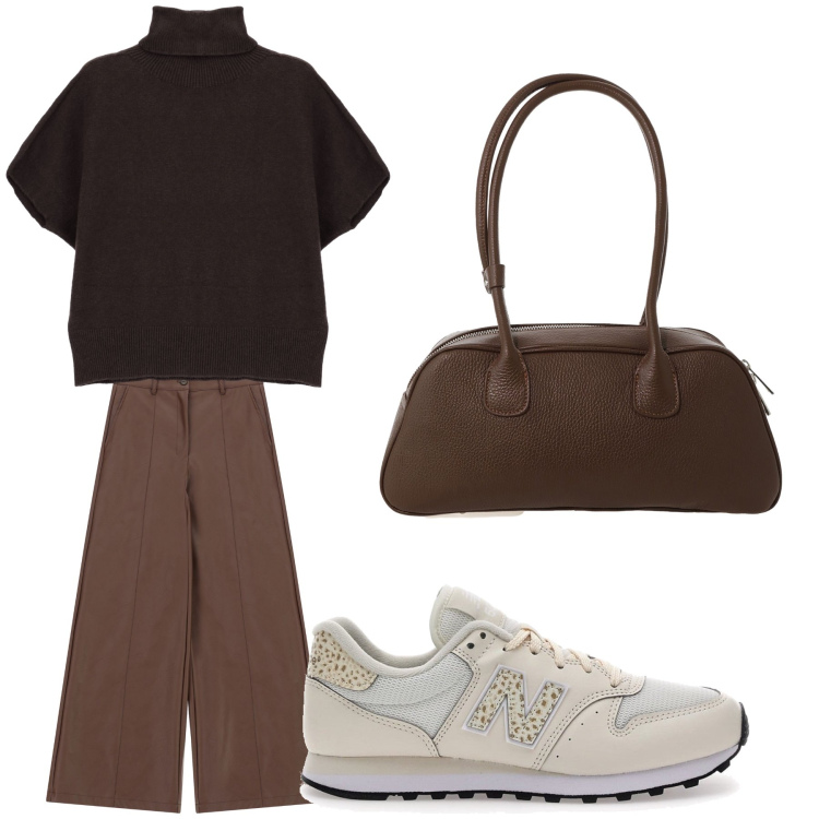Outfit donna - Aperitivo. Stile Trendy per Tutti i giorni. Abbinamento con pantaloni a palazzo, maglieria, borse a mano, sneakers.