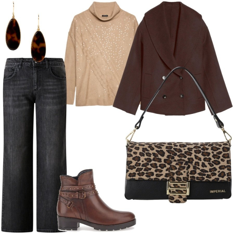 Outfit donna - Aperitivo time. Stile Casual chic per Serata fuori. Abbinamento con caban, jeans dritti, borse a spalla, orecchini, maglieria, stivaletti.