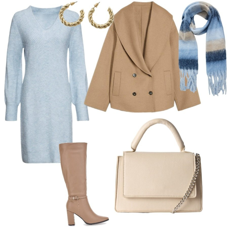 Outfit donna - A cena da amici. Stile Casual chic per Serata fuori. Abbinamento con vestiti, blazer, sciarpe, borse a tracolla, orecchini, stivali.