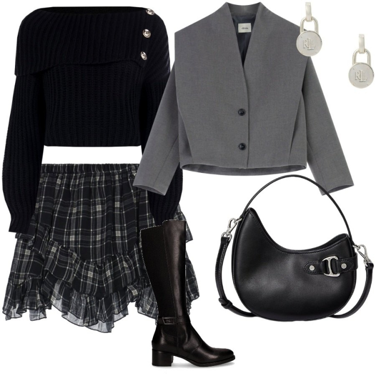 Outfit donna - La mini in tartan. Stile Glamour per Serata fuori. Abbinamento con maglieria, minigonne, blazer, orecchini, borse a tracolla, stivali.