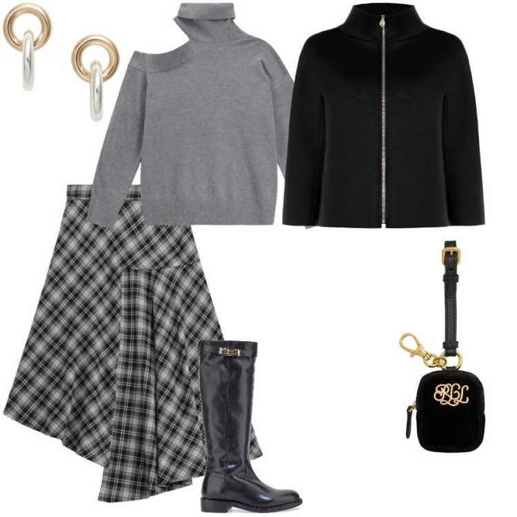 Outfit donna - Capi con asimmetria. Stile Casual chic per Serata fuori. Abbinamento con cappe, maglieria, gonne longuette, orecchini, pochette, stivali.