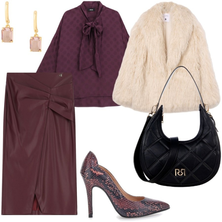 Outfit donna - Serate evento. Stile Chic per Serata fuori. Abbinamento con borse a tracolla, ecopellicce, gonne longuette, bluse, orecchini, décolleté.