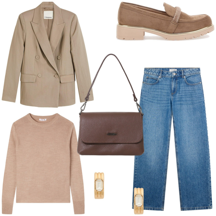 Outfit donna - Fashion style. Stile Urban per Tutti i giorni. Abbinamento con blazer, jeans, maglieria, borse a tracolla, orecchini, mocassini.