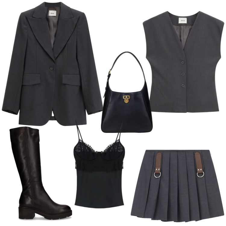 Outfit donna - Grey look. Stile Casual chic per Tutti i giorni. Abbinamento con canottiere, minigonne, blazer, gilet, borse a spalla, stivali.
