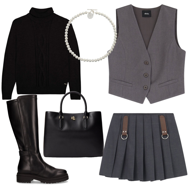 Outfit donna - Preppy girl. Stile Trendy per Tutti i giorni. Abbinamento con maglieria, minigonne, gilet, borse a mano, collane, stivali.