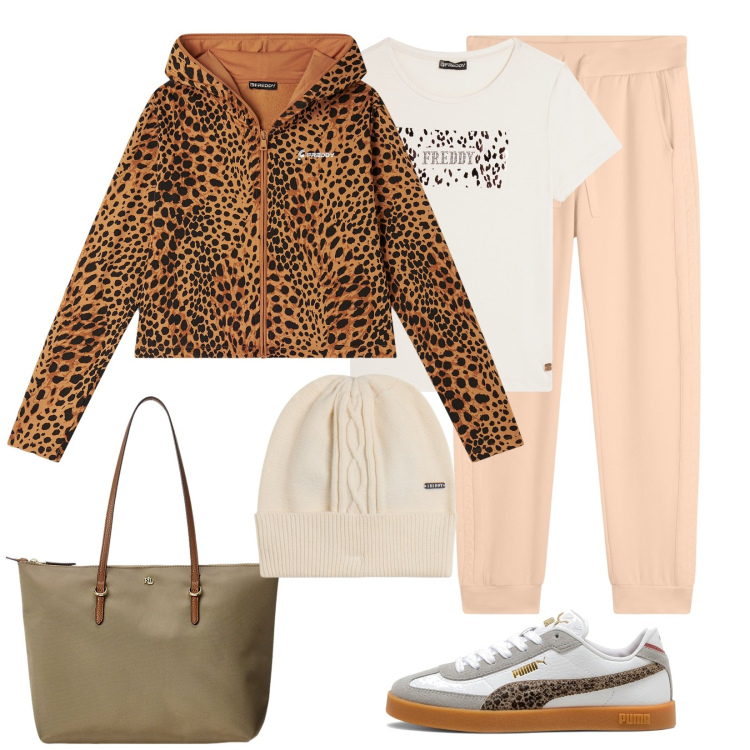 Outfit donna - Al mercato. Stile Sporty chic per Tutti i giorni. Abbinamento con felpe con cappuccio, t-shirt, berretti, pantaloni, borse tote, sneakers.