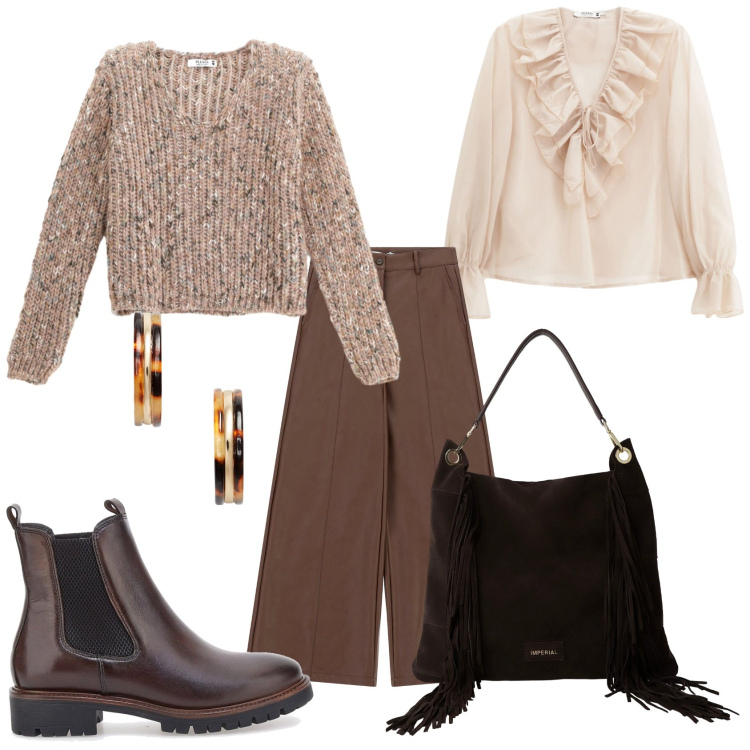 Outfit donna - Please per la giornata. Stile Casual chic per Tutti i giorni. Abbinamento con maglieria, pantaloni a palazzo, camicie, borse a spalla, orecchini, stivaletti chelsea.