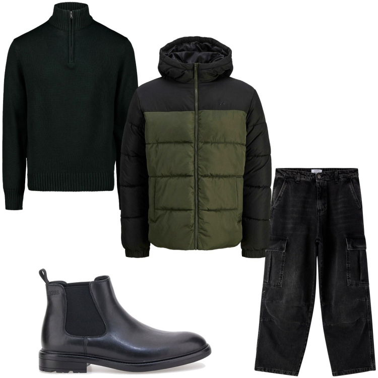 Outfit uomo - Il giaccone bicolor. Stile Casual per Serata speciale. Abbinamento con piumini, jeans, stivali e stivaletti, maglieria.