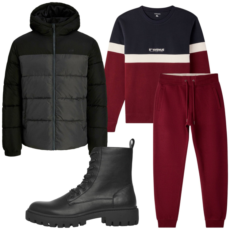 Outfit uomo - Wine day. Stile Casual per Tutti i giorni. Abbinamento con piumini, anfibi, pantaloni, felpe.