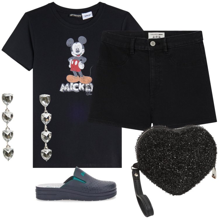 Outfit donna - Un amore di casa. Stile Romantica per Tutti i giorni. Abbinamento con shorts, orecchini, portafogli, t-shirt, ciabatte.