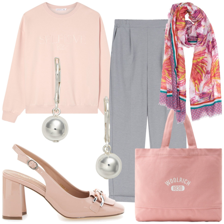 Outfit donna - Già pronto look del lunedì. Stile Chic per Ufficio. Abbinamento con felpe, pantaloni, orecchini, borse tote, sciarpe, décolleté.