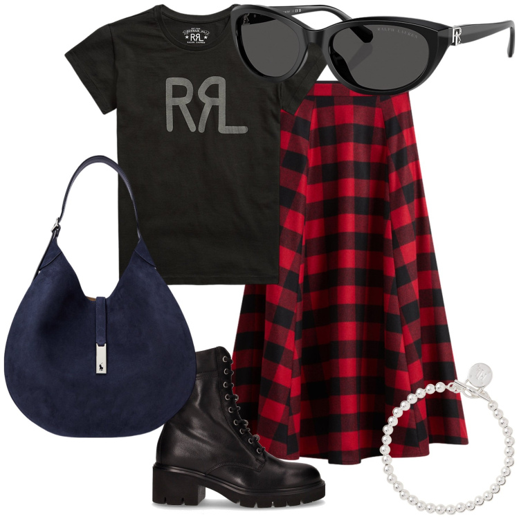 Outfit donna - Perle sullo scozzese. Stile Trendy per Tutti i giorni. Abbinamento con gonne lunghe, braccialetti, t-shirt, borse a spalla, occhiali da sole, anfibi.