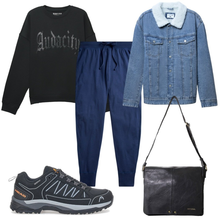 Outfit uomo - Total look #2282769. Stile Trendy per Sport. Abbinamento con giacche, felpe, borse sportive, pantaloni, stivali e stivaletti.