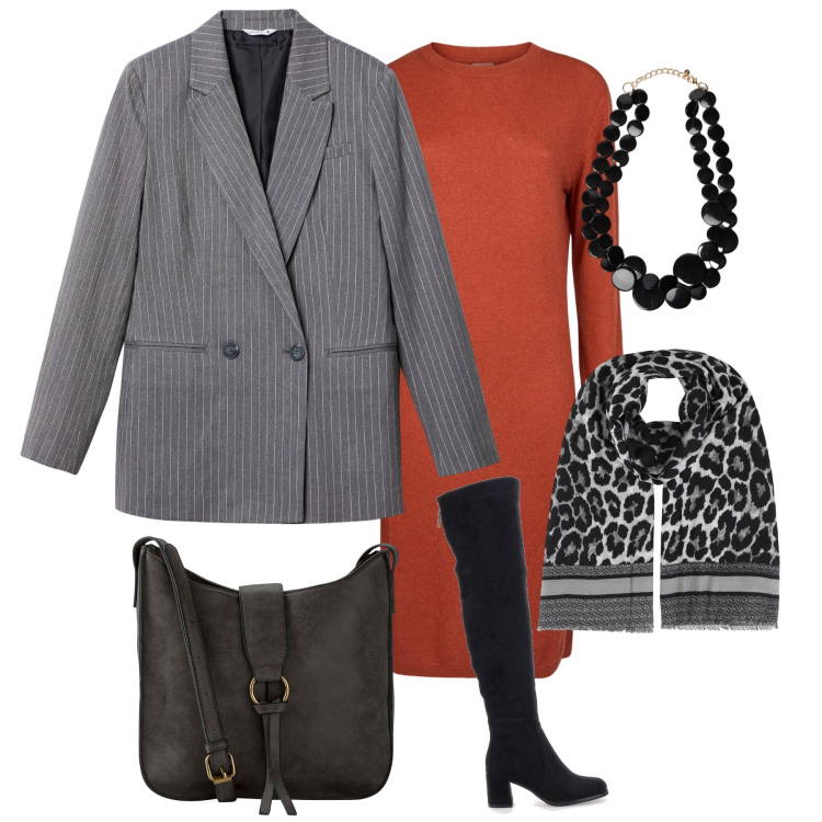 Outfit donna - Mymoodplease. Stile Casual chic per Tutti i giorni. Abbinamento con borse a tracolla, foulard, blazer, stivali sopra il ginocchio, vestiti midi/longuette, collane.