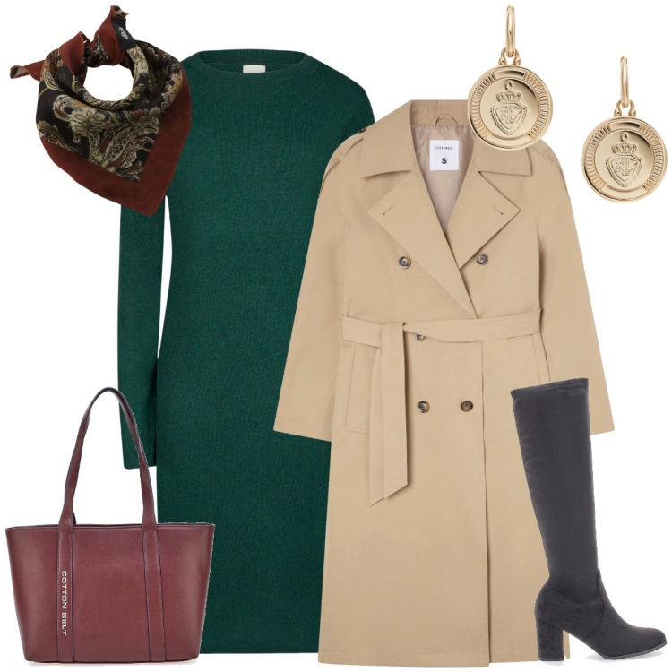 Outfit donna - Pratica con stile. Stile Urban per Ufficio. Abbinamento con trench, foulard, orecchini, vestiti midi/longuette, stivali sopra il ginocchio, shopping bag.