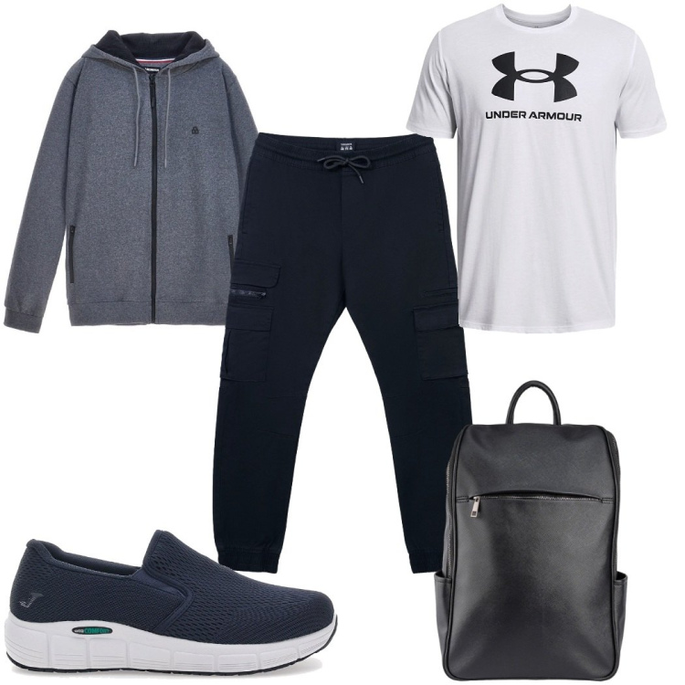 Outfit uomo - Total look #2282773. Stile Casual per Tutti i giorni. Abbinamento con pantaloni cargo, felpe con cappuccio, maglieria, borse sportive, sneakers.