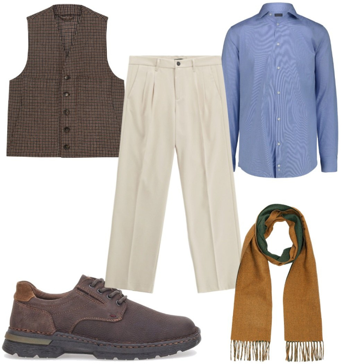 Outfit uomo - Total look #2282774. Stile Casual per Ufficio. Abbinamento con pantaloni, scarpe stringate, sciarpe, gilet, camicie.