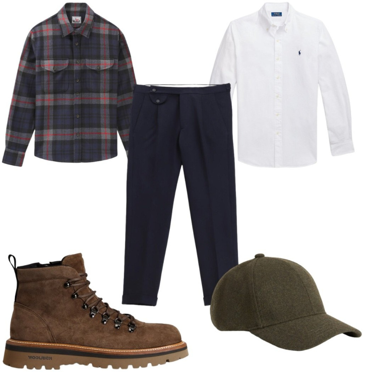 Outfit uomo - Total look #2282775. Stile Casual per Tutti i giorni. Abbinamento con pantaloni, camicie, cappelli, stivali e stivaletti, cappotti.