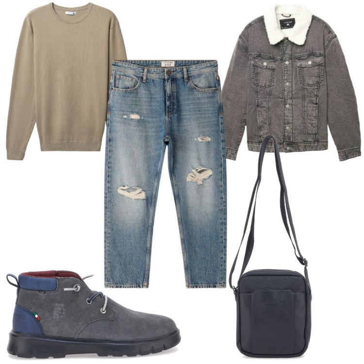 Outfit uomo - Total look #2282776. Stile Casual per Tutti i giorni. Abbinamento con jeans strappati, maglieria, cappotti, scarpe stringate, borse sportive.